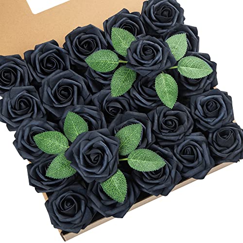 DuHouse 25Pcs Artificial Roses Flowers Fake Rose with Stems Real Touch Foam Flower Head for DIY Wedding Bridal Bouquet Baby Shower Centerpiece Floral Arrangement Party Home Decor(Navy Blue)