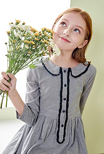 Image of SOLOCOTE Girls Plaid Dress Cotton Casual Spring Long Sleeve Dresses Peter Pan Collar 3-14Y