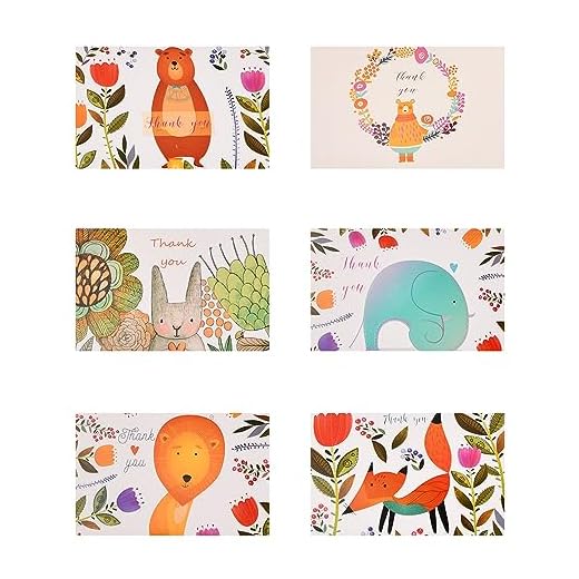 Dokeno Juego de 12 Tarjetas de Agradecimiento - Perfectas para Familiares y Amigos - Tarjetas de Felicitación para Despedida, Nacimiento, Boda - Tarjetas de Gracias con Animales Pintados