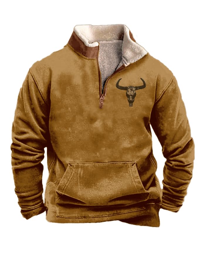ZOCANIA Western Sweatshirts Mens Aztec Cowboy Pullover Henley Shirts Bull Head Print Long Sleeve 1/4 Zip Fleece Jacket
