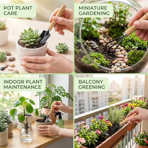 Mini set de herramientas para jardín con mango de madera miniatura 7