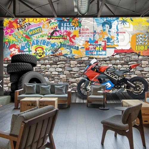 Moto Stéréoscopique Graffiti De Rue Mur De Briques Papier Peint 3D Intissé Bureau Salon Canapé Chambre Fond Décoration Murale-250cm×170cm