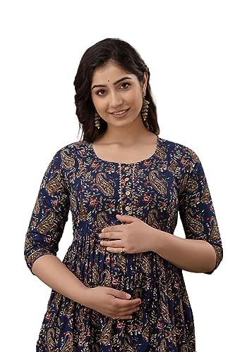 Image of THE Moon Star Women's Cotton Floral Printed Anarkali Maternity Feeding Kurti | Breastfeeding Dress for Mothers | Zipper Feeding Kurti, Nursing Kurti, Comfortable and Trendy Maternity Wear