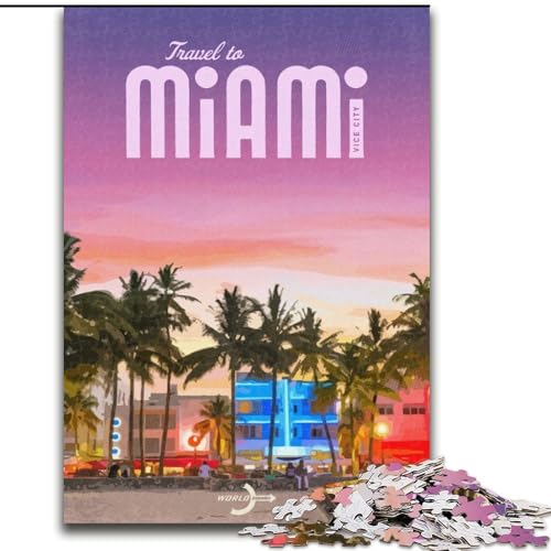Puzzles 1000 pièces pour Adultes et Adolescents, Voyage à Miami, séjour de Vacances, Tuer Le Temps avec des pièces entièrement emboîtables de Formes aléatoires...