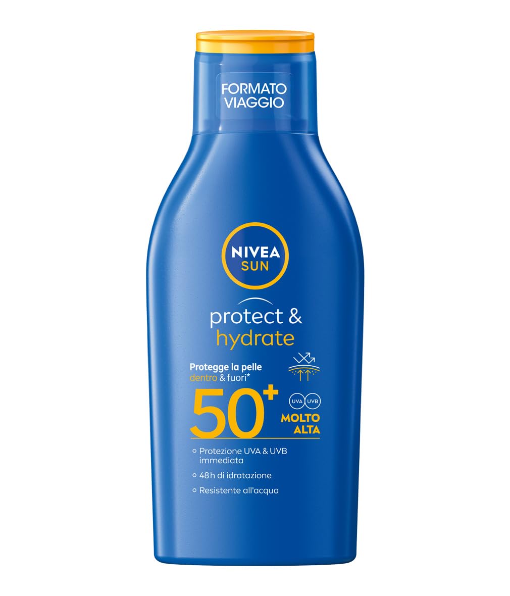 NIVEA SUN Protect & Hydrate SPF 50+ Travel Format 100 ml, krem przeciwsłoneczny 50+ szybko wchłaniający się nawilżający 48h, wodoodporny krem przeciwsłoneczny 50+ z witaminą C i kwasem hialuronowym