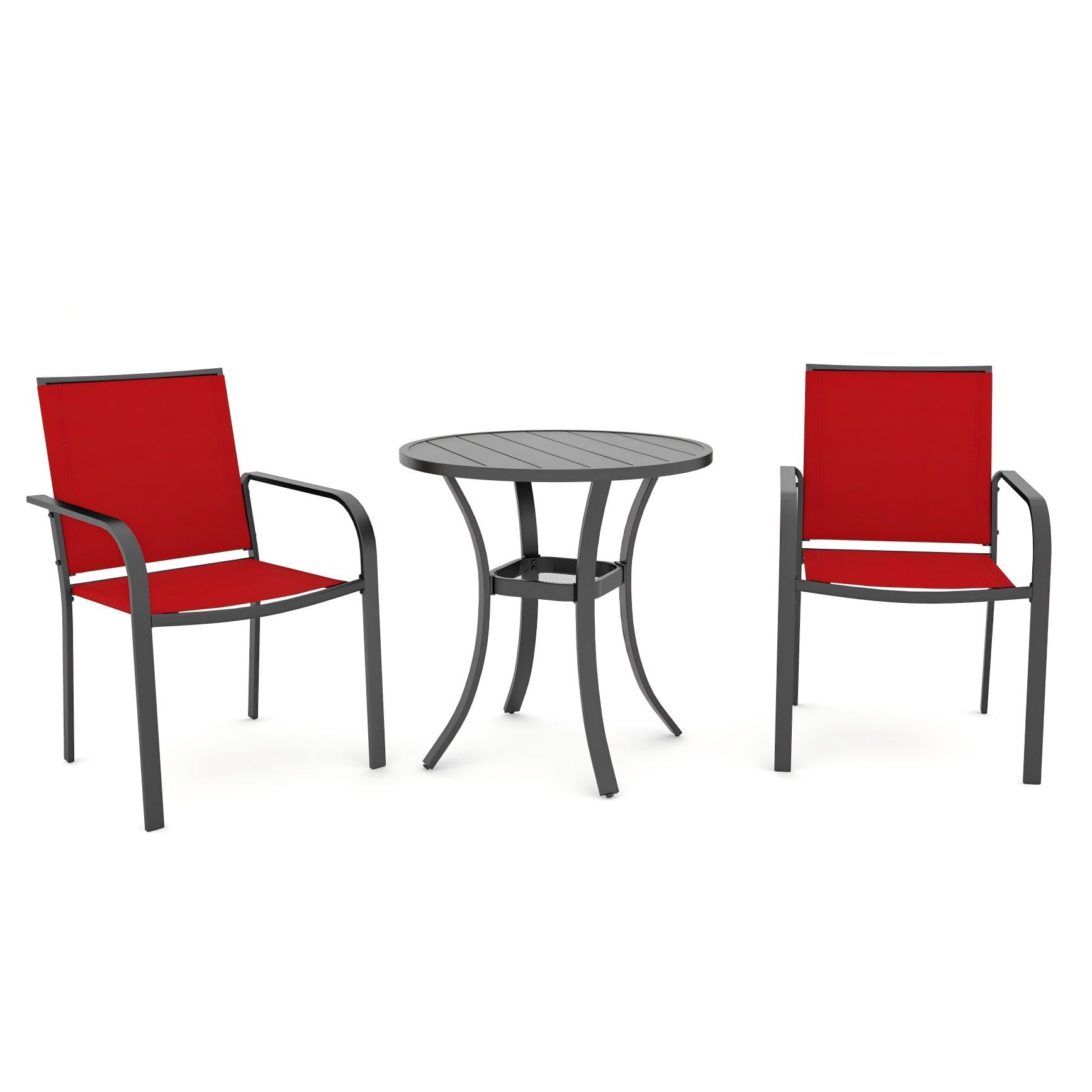 Anmutig 3 Piece Outdoor Bistro Set, 27.5" Round Metal Table, Red Chairs