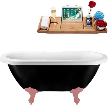Streamline 59" Clawfoot Soaking Bathtub Glossy White Acrylic Tub And Matte Pink Internal Drain with Bamboo Tray Black Exterior Timeless Design 48 Gallon Capacity