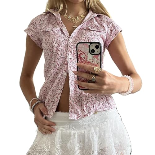 Image of Y2k Girls Vintage Coquette Button Down Shirt Women Short Sleeve V-Neck Slim Fitted T-Shirt Cute Blouse Crop Top