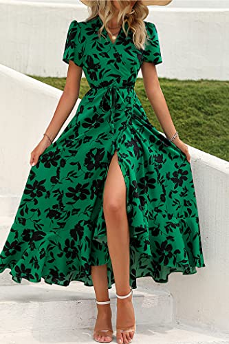 Image of PRETTYGARDEN Women's Summer Wrap Maxi Dress Casual Boho Floral V Neck Short Sleeve Ruffle Hem Split Beach Long Dresses