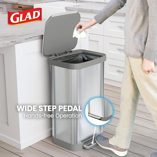 Image of Glad Stainless Steel Step Trash Can, Series 2 with Clorox Protection - Large Metal Kitchen Garbage Bin with Soft Close Lid, Foot Pedal and Waste Bag Roll Holder, 20 Gallon