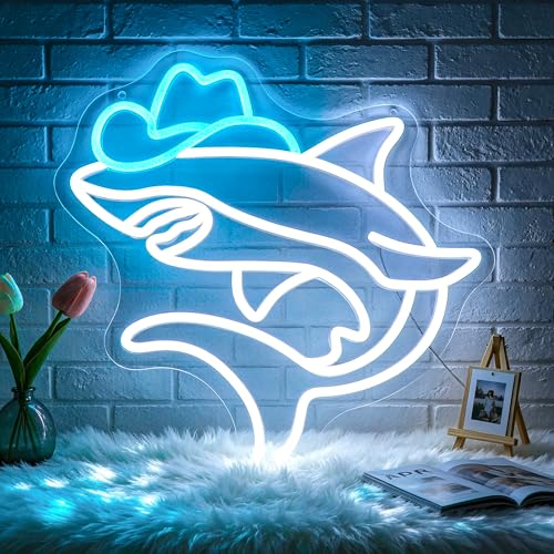 Image of Neon Sign, Shark Neon Signs for Wall Decor LED Signs Neon Light | Cowboy Shark Neon Sign for Bedroom, Kids Room, Gaming Room, Man Cave, Party, Bar Decor, Boys Gift, Dimmable, USB Powered