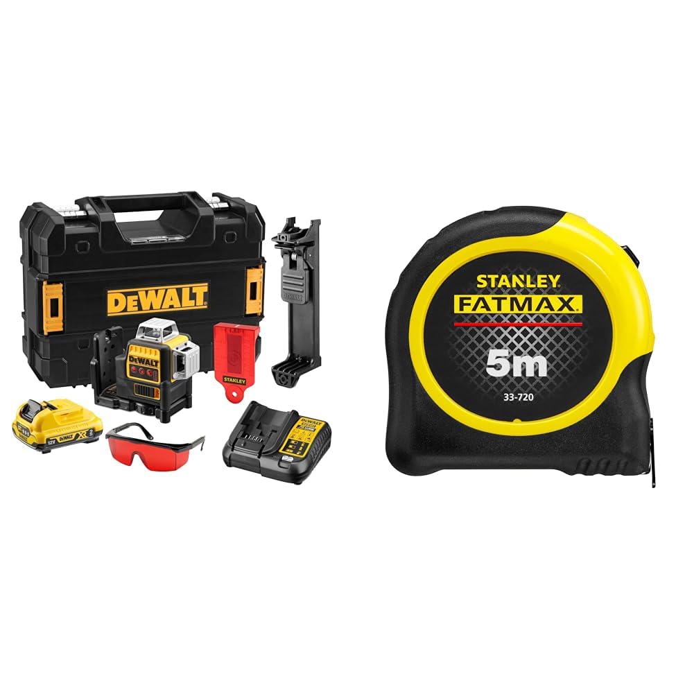 DeWalt - Laser Multilignes 3x360° 12V Li-Ion 2Ah - Niveau Laser Autonivelant 4° sans Fil & STANLEY FATMAX Mètre à Ruban 5 M - Revêtement Blade Armor - Ruban Ultra Épais - Plus Résistant