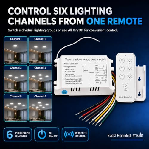 Image of BlackT ElectroTech Touch Wireless Remote Control Switch, 6 Channel 433.92 MHz RF Light Controller, 30 m Range, AC 85-265V Receiver | All On /Off Remote | BT166RT
