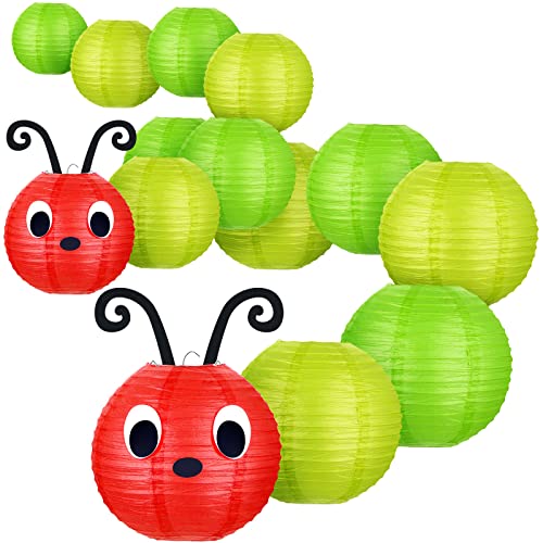 Hortsun 14 Pcs Hungry Caterpillar Paper Lanterns 12 Inch 8 Inch Caterpillar Themed Back to School Decorations with Eyes Mouth Feelers and Glue Point for Birthday Ceiling Hanging Decor(Red Green Color)