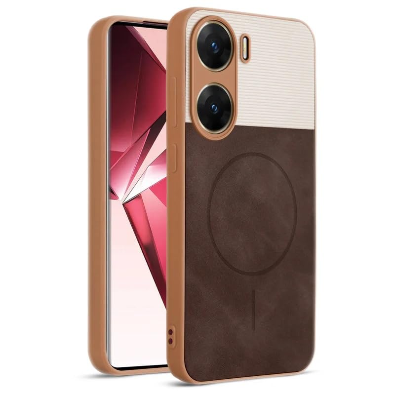 Image of Bintage case Macc-Safe Design Hard Light Weight Back Case | Soft Border Camera Protect | Dual PU Leather Finish Back Cover Compatible for Vivo V29e 5G - White & Cherry Brown