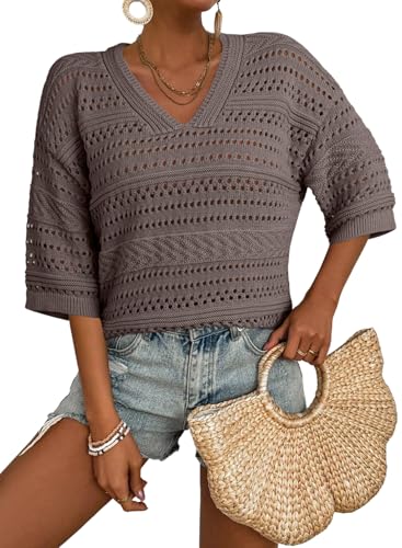 Image of Acelitt Crochet Tops for Women Summer Short Sleeve Sweater