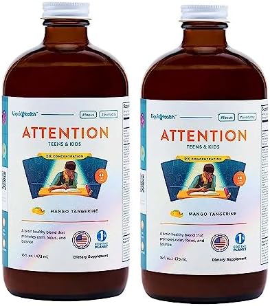 LIQUIDHEALTH 16 Oz Attention, Calm Kids Children Teens Liquid Multivitamin, Focus, Memory, Supplement, Concentration, Vitamins Support, Vegan, Sugar-Free - 2 Pack