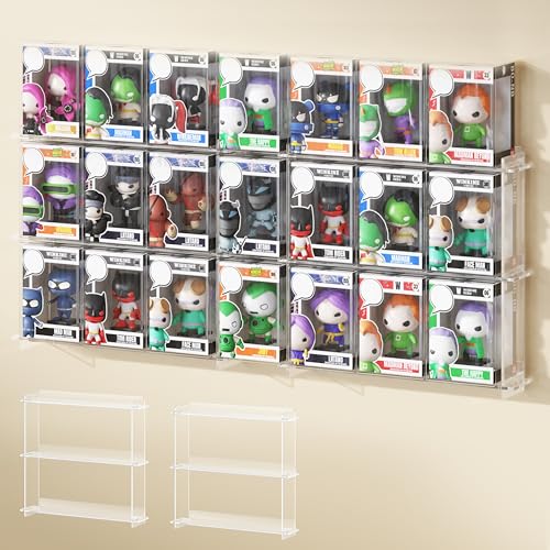 WINKINE Acrylic Display Shelves Compatible with Funko Pop in Box, Floating Shelves for Wall Stackable, Clear Figures Display Case for Boxed Characters, Toy Collectibles Action Figure Stand, 2 Pack