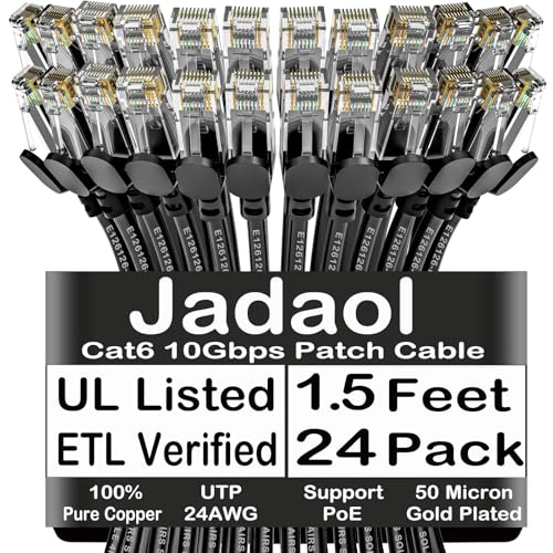 Jadaol Cat6 1.5ft 24 Pack Patch Cable, 10Gbps High-Speed Ethernet Patch Cable, Support Cat8/7 Network, 24AWG Pure Copper, RJ45 Gold-Plated Connector, LAN Network Cable for Patch Panel to Switch, Black