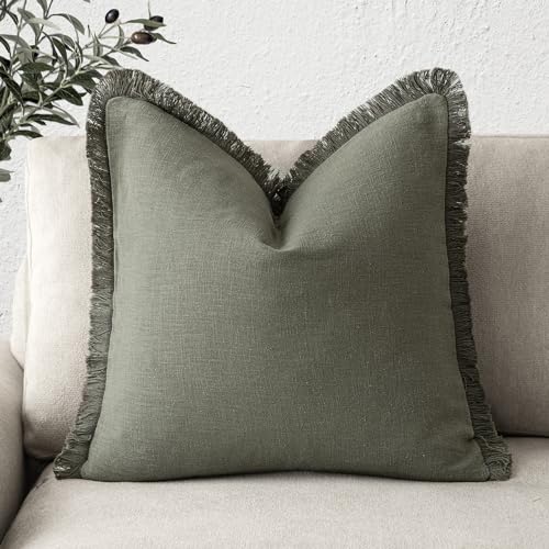 Image of Foindtower Decorative Linen Fringe Throw Pillow Covers Cozy Boho Farmhouse Cushion Cover with Tassel Soft Accent Pillowcase for Chair Sofa Bed Living Room Home Decor, 18x18 Inch, 1PC, Olive Green