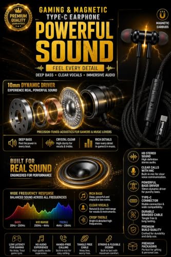 Image of Gaming Type-C Wired Earphone with Mic, 10mm Dynamic Bass Driver, Magnetic in-Ear Headphones, Low Latency Sound for Gaming, 3 Button Control, HD Calling, Voice Assistant, (Black)