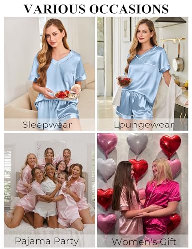 Image of Silk Pajamas for Women Short Sleeve Satin 2 Piece Pj Set Soft V Neck Sleepwear Loungewear, S-XXL