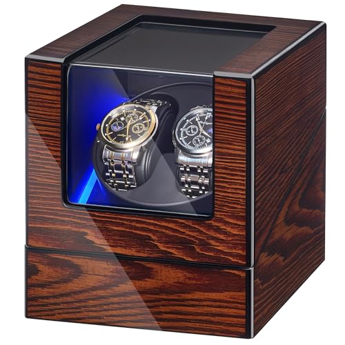 BEWISHOME Automatik Uhrenbeweger, Uhrenbeweger 2 Uhren mit LED-Beleuchtung, Uhrendreher Automatikuhren mit Leisem Motor aus Holz, 4 Modi, Batterie oder USB, braun ESYQ02Y