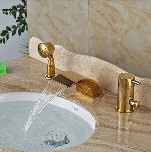Douchette et robinet de baignoire cascade doré fixation 3 trous