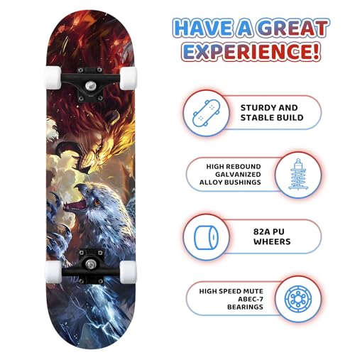 Image of Nattork 31 Inch Complete Skateboard, Standard Skateboards for Beginners, Wood 9 Layer Canadian Maple Trick Skate Boards for Boys Girls Youth Teens Adults