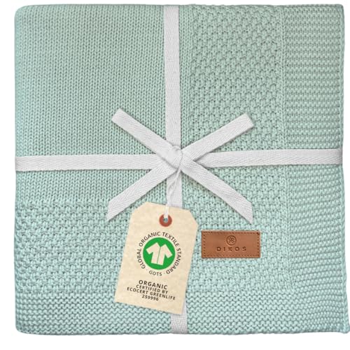 DIKOS® Manta para bebé de 100% algodón orgánico Gots | Suave Manta para recién Nacidos para bebé niña/niño | Manta de Punto para Todo el año | Equipamiento Inicial para recién (Menta)