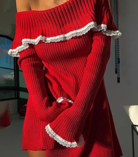 Image of chouyatou Women's Off The Shoulder Bell Long Sleeve Sweater Mini Dress Lace Trim Bodycon Ribbed Knit Sweater Dress