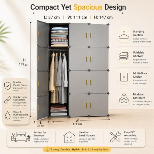 Image of Mevigo Foldable Plastic Wardrobe for Clothes - 12- Door Baby Cupboard for Clothes Storage, Wardrobe for Kids, Plastic Almirah, Collapsible Wardrobe for Kids Livingroom & Home -Grey-HO2