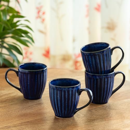 Image of ExclusiveLane 'Midnight Ribbed' Hand-Embossed Ceramic Coffee Mug Ceramic Mugs for Milk Chai Tea Cup (Set of 4, 260 ML, Microwave Safe)