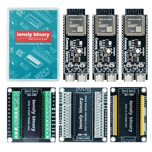 Image of Lonely Binary 3-Pack ESP32-S3 N16R8 WiFi BT Terminals Kit for Arduino IDE | 16MB Flash, 8MB PSRAM, 240MHz; WiFi + BT 5.0 LE, onboard antenna; pre-soldered, plugs into expansion & terminal boards
