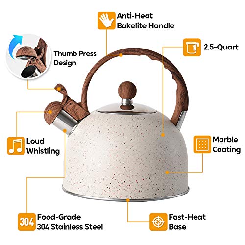 Tea Kettle - 2.5 Quart Whistling Tea Kettle Stainless Steel Tea Pots For Stove Top Stylish Kettle With Anti-Slip Handle Whistle Water Kettle Stovetop Tea Pot For Boiling Water Gift White #TOP2