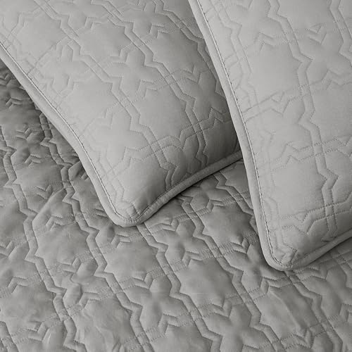 Grey King Size Quilt Bedding Sets with Pillow Sham, Summer Lightweight Soft Bedspread Coverlet, Farmhouse Country Textured Quilted Blanket Thin Comforter Bed Cover, 3 Pieces, 104x90 inches