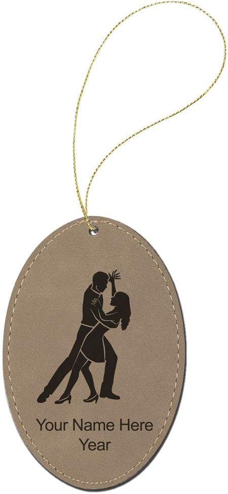 LaserGram Personalized Christmas Ornament, Salsa Dancers, Faux Leather, Custom Laser Engraved Gift Idea (Oval Shape, Light Brown)