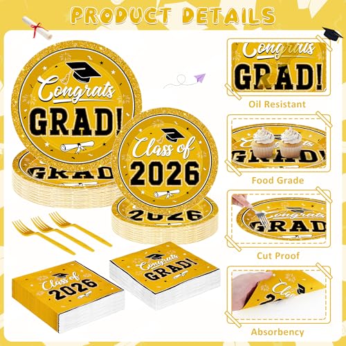 Image of Graduation Party Supplies Set for 50 Guests, Yellow Graduation Plates and Napkins 2026, 200Pcs Disposable Grad Plates, Napkins, Dessert Plates and Forks for 2026 School Ceremony, Birthday Tableware