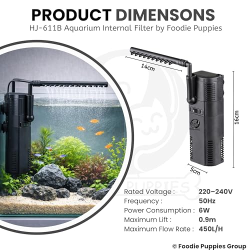 Image of Foodie Puppies 2-in-1 Aquarium Internal Filter Pump (6W) for Fish Tanks | 450 L /H Adjustable Flow, Oxygenation & Biochemical Filtration | for Freshwater Tanks up to 60L