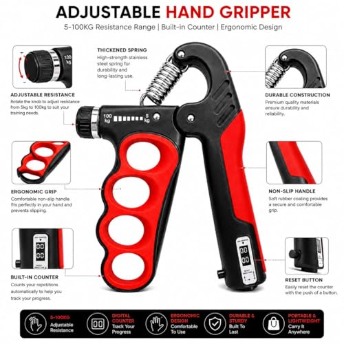 Image of Hand Grip Strengthener and Forearm Strengthener with Adjustable Resistance for Strength Muscle Building and Injury Recover For Athletes Sports (Red Hand Gripper)