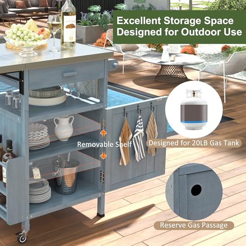 Image of Merax 40.5 inch Outdoor Grill Cart with Stainless Steel Top, Outdoor Storage Cabinet with Drop Leaf, One Drawer, Towel Rack, Rolling Kitchen Cart with Lockable Wheels for Lawn Garden, Blue Grey