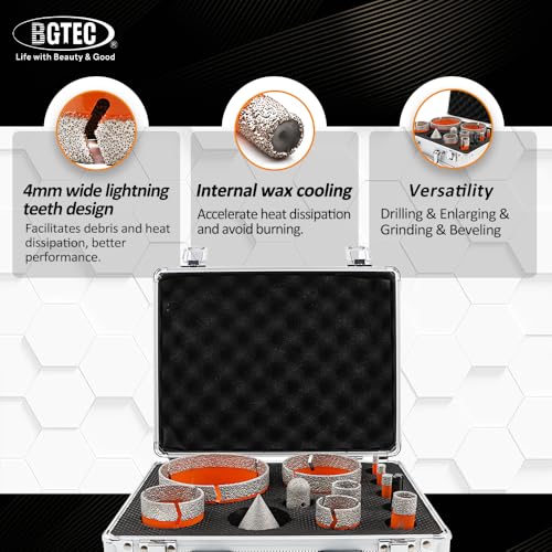 Image of BGTEC Tile Hole Saw Kit Diamond - 12PCS 5 /8-11 Thread Drill Bit 6 /8 /10 /19 /25 /35 /50 /75 /102mm+50mm Chamfer Bit+20mm Finger Bit+SDS Adapter for Pocelian Tile Ceramic Marble Granite Stoneware
