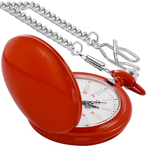 Realpoo Red Smooth Cover Quartz Pocket Watch, Fashionable Roman Digital White Dial with Waist Chain Pocket Watches for Men
