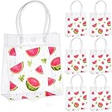 Kolldenn 24 Pcs Watermelon Party Treat Bags Plastic Clear Watermelon Gift Bags with Handles PVC Goodie Shopping Handbags for Summer Kid Birthday Baby Shower Wedding Party Decor, 5.9 x 6.3 x 2.7 Inches