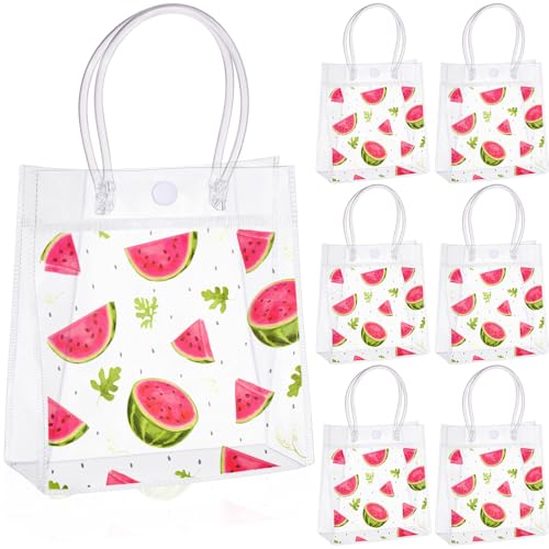 Kolldenn 24 Pcs Watermelon Party Treat Bags Plastic Clear Watermelon Gift Bags with Handles PVC Goodie Shopping Handbags for Summer Kid Birthday Baby Shower Wedding Party Decor, 5.9 x 6.3 x 2.7 Inches