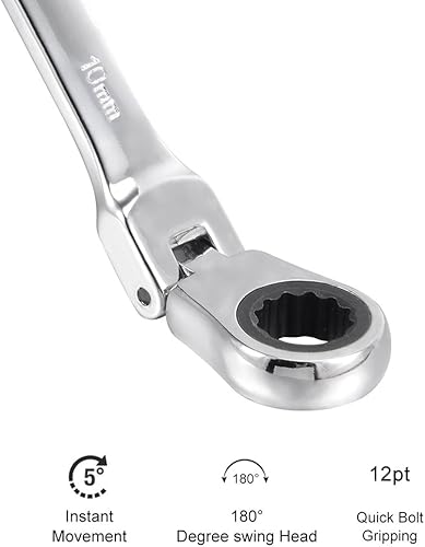 Miniatura 3 de uxcell Llave combinada métrica de trinquete de cabeza flexible de 0.394 in con extremo abierto, acabado cromado pulido, Cr-V