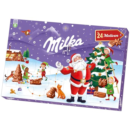 Milka Adventskalender mit gefüllten Schokofiguren aus Alpenmilch-Schokolade & Milchcrème – 24 Türchen – 200g