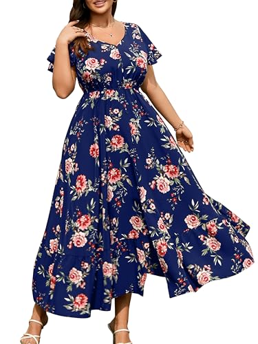 Image of RWJ Women Plus Size Maxi Dress V Neck Short Sleeve Button Trim Split Flowy Tiered Casual Long Dresses 2025 L-3XL