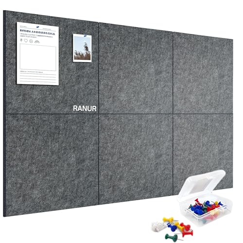 Image of RANUR 6 Pcs Felt Bulletin Board (30x30 cm) Self Adhesive Notice Boards with 50 Pins, Vision Board for Manifestation, Message Board for Notes, Photos, Office & Home Wall Decor (Grey)