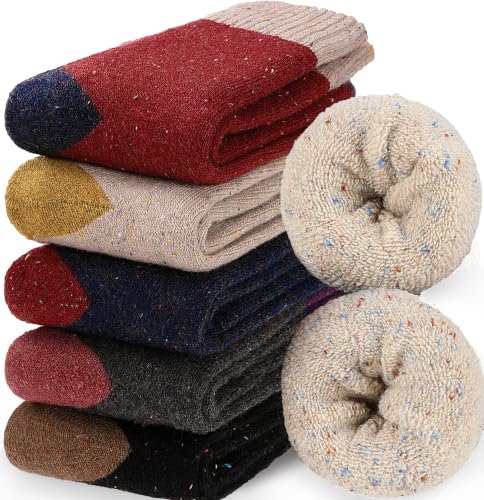 Image of EBMORE 5 Pairs Women Merino Wool Boot Socks Warm Thermal Winter Thick Hiking Cozy Cabin Crew Comfy Socks for Ladies